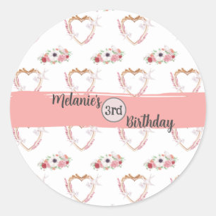 Cute Pink White Floral Heart Pattern Birthday Classic Round Sticker