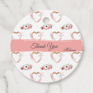 Cute Pink White Floral Heart Pattern Thank You Favour Tags