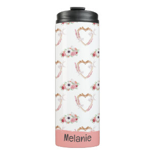 Cute Pink White Floral Heart Pattern Thermal Tumbler
