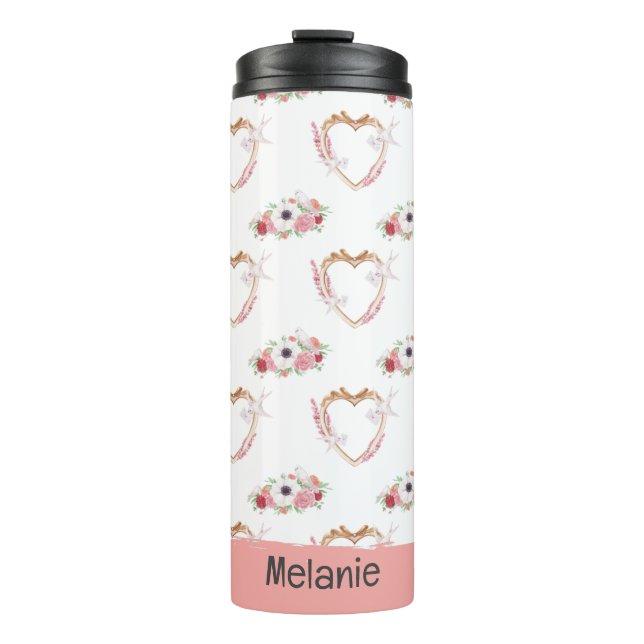 Cute Pink White Floral Heart Pattern  Thermal Tumbler (Front)