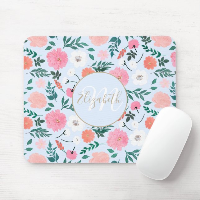 Cute Pink & White floral Paint Light blue design Mouse Mat (With Mouse)