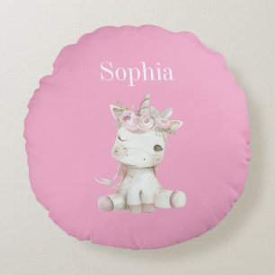 Cute Pink White Floral Unicorn Round Cushion