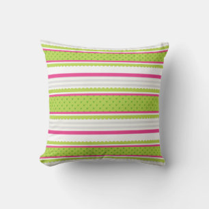 Cute Pink White Green Stripes Polka Dot Pattern Cushion