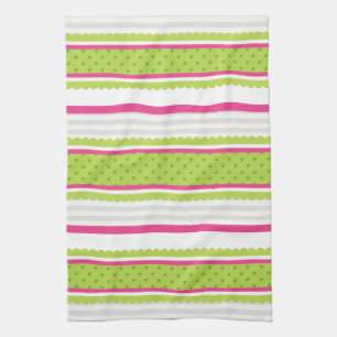 Cute Pink White Green Stripes Polka Dot Pattern Tea Towel