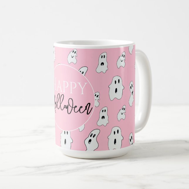 Cute Pink White Happy Ghosts Coffee Mug (Front Right)