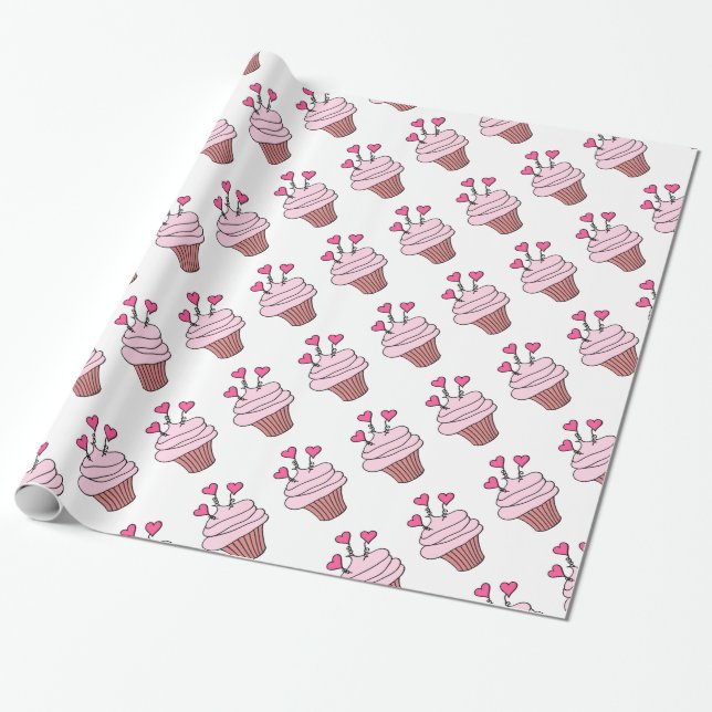 Cute Pink & White Heart Cupcakes Wrapping Paper (Unrolled)