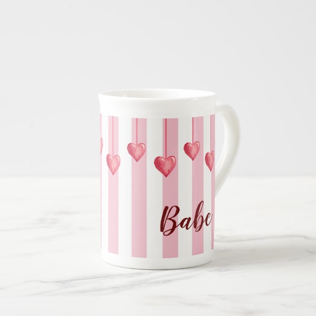 Cute Pink White Heart Valentines Day Speciality Mu Bone China Mug (Front Right)