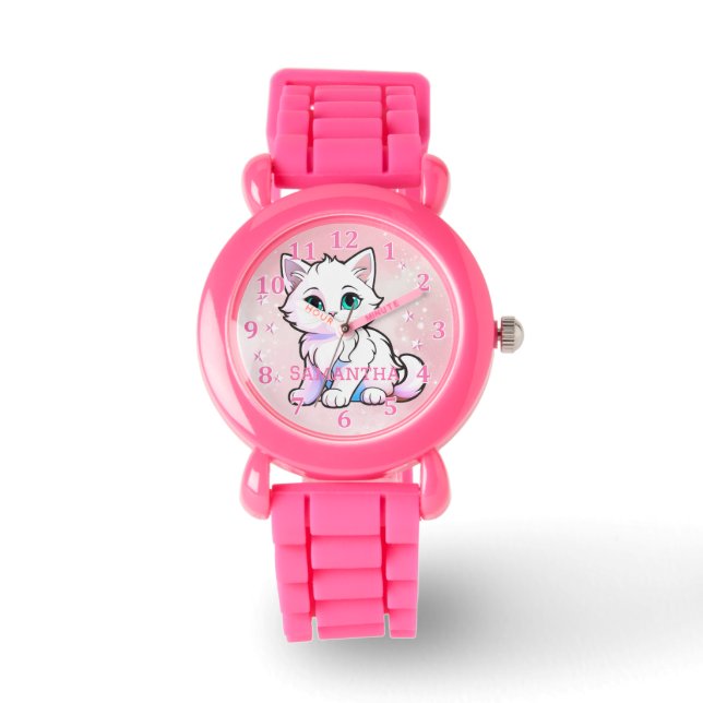 Cute Pink White Kawaii Kitten  Watch (Front)