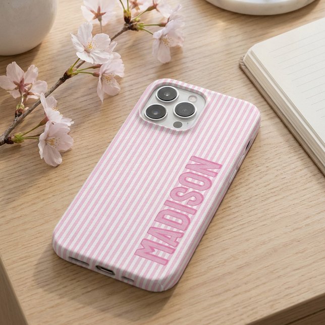 Cute Pink & White Pinstripe Personalised Name iPhone Case (Creator Uploaded)