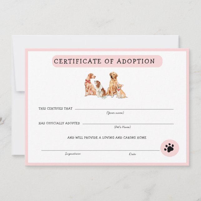 Cute Pink & White Puppy Adoption Certificate (Front)