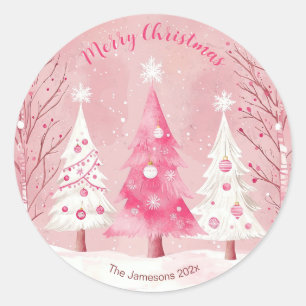 Cute Pink White Retro Christmas Classic Round Sticker
