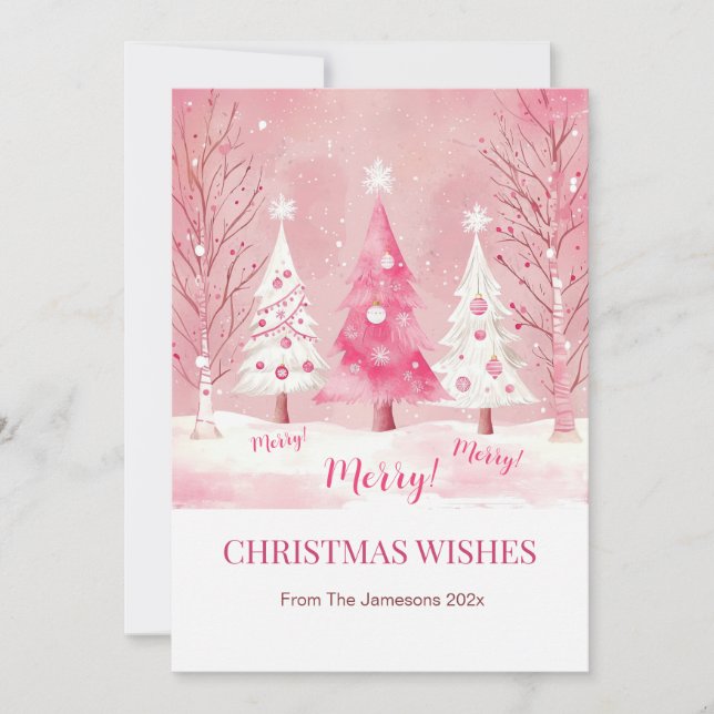Cute Pink White Retro Christmas  Holiday Card (Front)