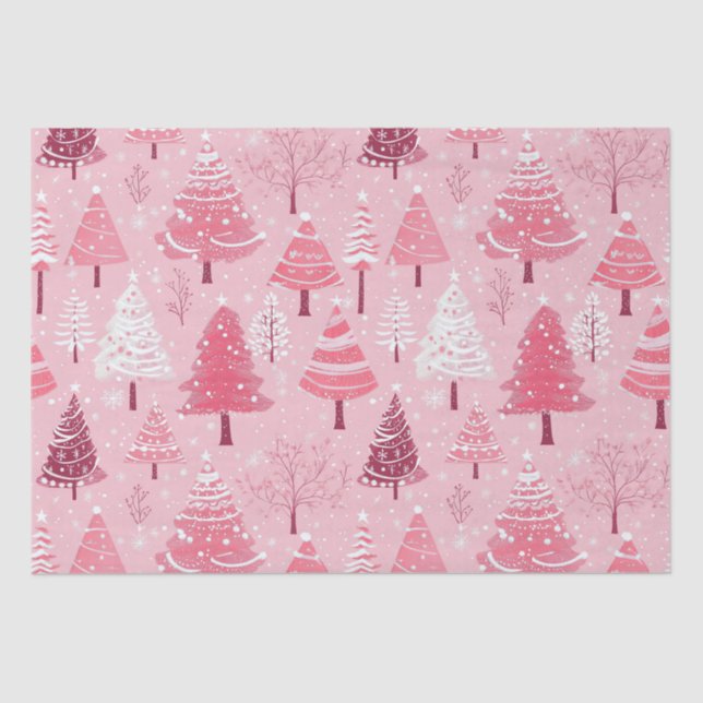 Cute Pink White Retro Christmas Trees Tissue Paper (Front)