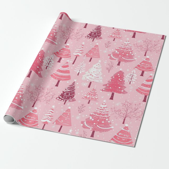 Cute Pink White Retro Christmas Trees Wrapping Paper (Unrolled)