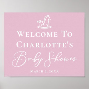 Cute Pink White Rocking Horse Baby Shower Poster