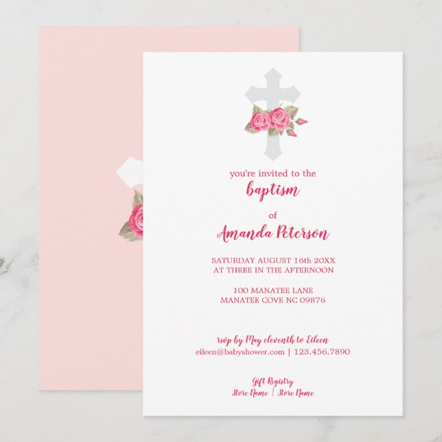 Cute Pink & White Roses Cross Baptism Invitation (Front/Back)