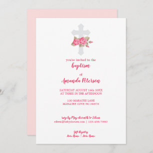 Cute Pink & White Roses Cross Baptism Invitation