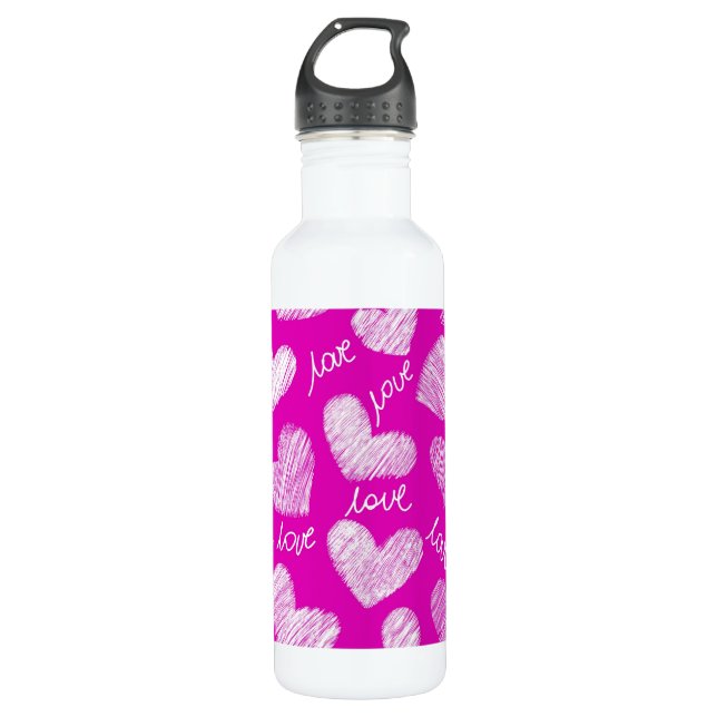 Cute Pink White Scribbled Hearts with Love Script 710 Ml Water Bottle (Front)