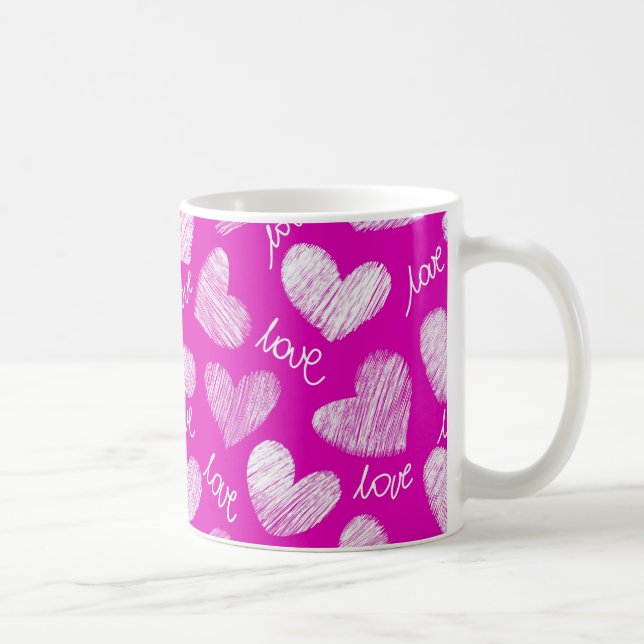 Cute Pink White Scribbled Hearts with Love Script Coffee Mug (Right)