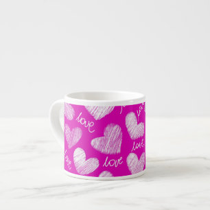 Cute Pink White Scribbled Hearts with Love Script Espresso Cup