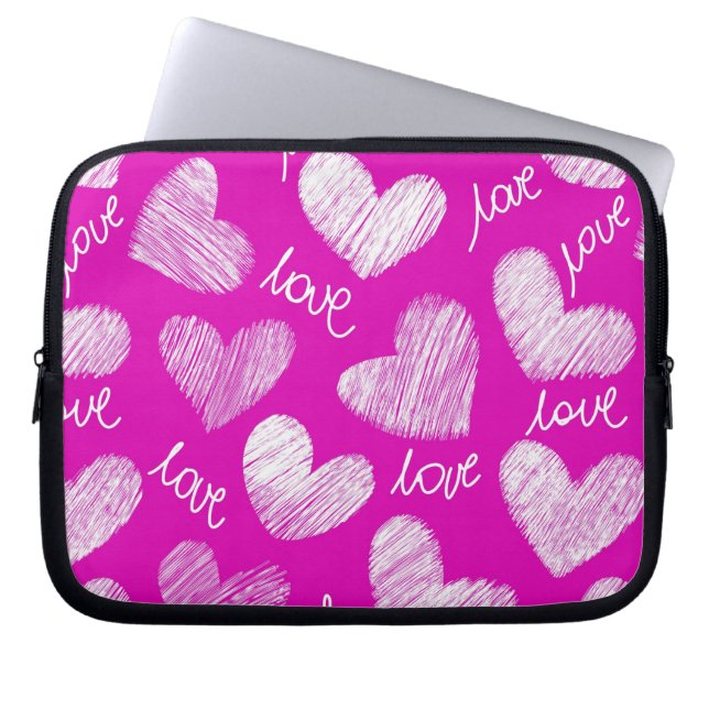Cute Pink White Scribbled Hearts with Love Script Laptop Sleeve (Front)