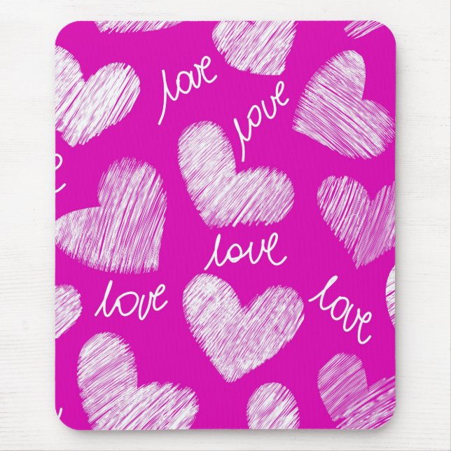 Cute Pink White Scribbled Hearts with Love Script Mouse Mat (Front)