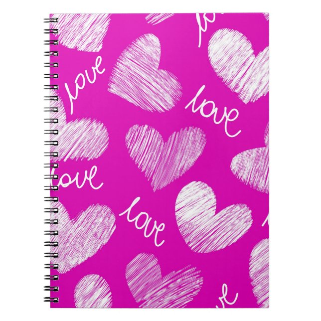Cute Pink White Scribbled Hearts with Love Script Notebook (Front)