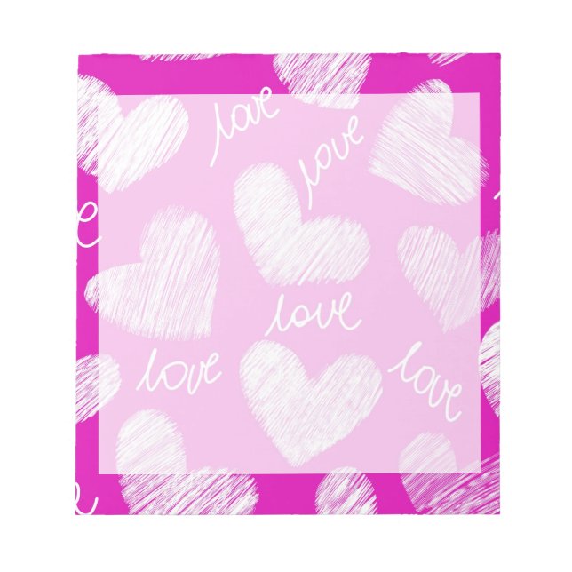 Cute Pink White Scribbled Hearts with Love Script Notepad (Front)
