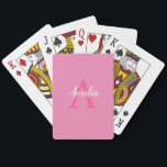 Cute Pink White Script Monogram Playing Cards<br><div class="desc">These cute stylish playing cards feature an elegant arrangement of name (in white) and monogram initial (in hot pink) on a pretty pink background. The design is easy to personalise by typing the name and initial of your choice into the online personalisation template before ordering cards.</div>