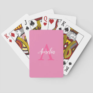 Cute Pink White Script Monogram Playing Cards