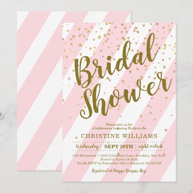 Cute Pink White Stripe Gold Confetti Bridal Shower Invitation (Front/Back)