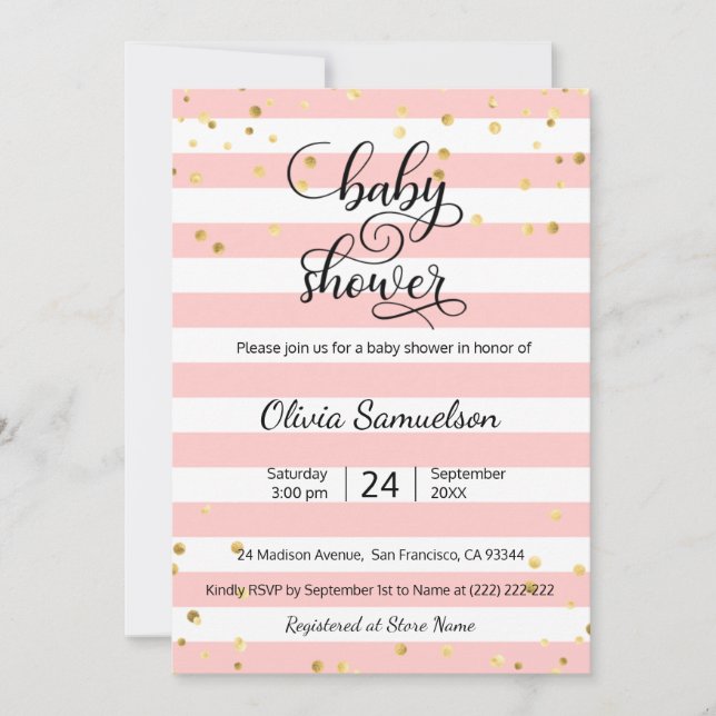 Cute Pink White Stripes Black Gold Baby Shower Invitation (Front)