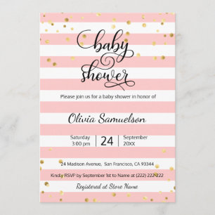 Cute Pink White Stripes Black Gold Baby Shower Invitation
