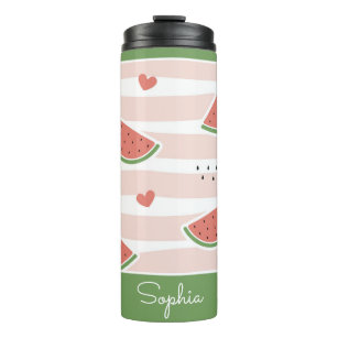 Cute Pink & White Stripes Personalized Watermelon Thermal Tumbler