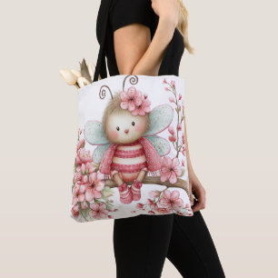 CUTE PINK & WHITE SUMMER BUMBLE BEE AND FLOWERS TOTE BAG
