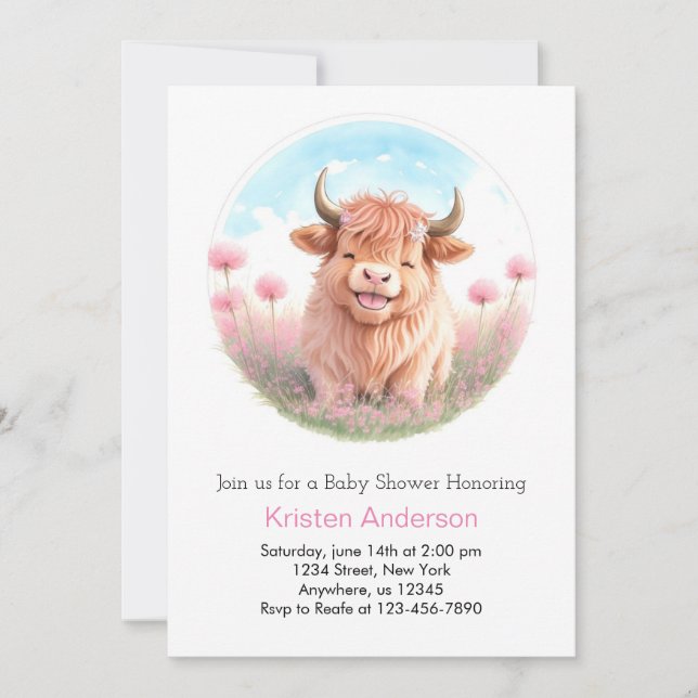 Cute Pink Wildflower Highland Cow Girl Baby Shower Invitation (Front)