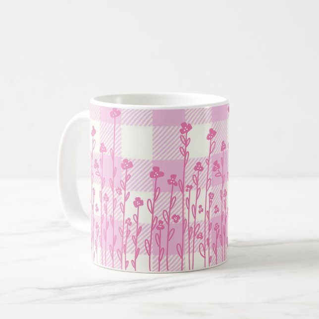 Cute pink wildflowers doodle pink plaid gingham coffee mug (Front Left)