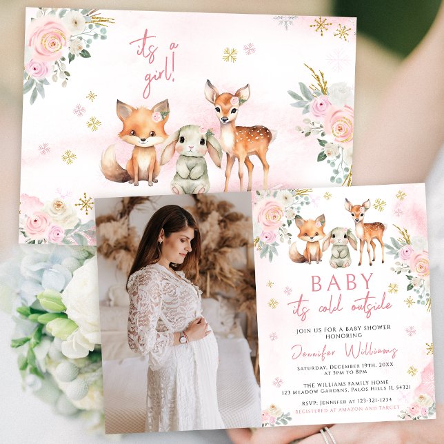 Cute pink winter baby girl shower photo invitation (Creator Uploaded)