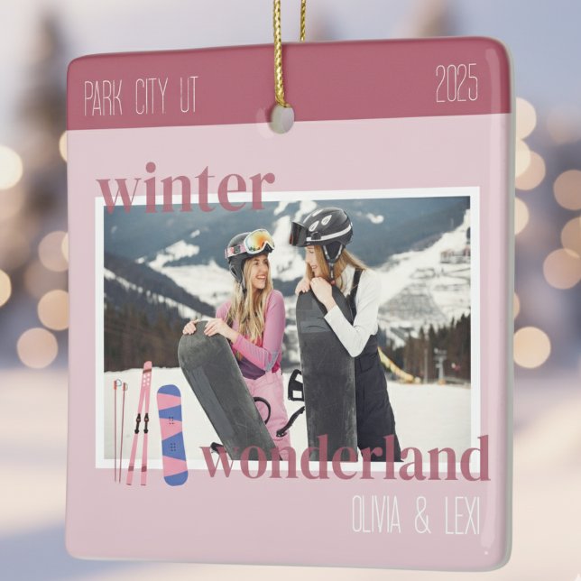 Cute Pink Winter Ski Theme Keepsake Photo  Ceramic Ornament (Create a keepsake of your winter ski trip with this Cute Pink Winter Ski Keepsake Photo Ornament!)