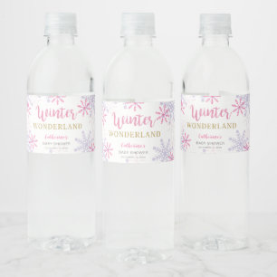 Cute Pink Winter Wonderland Baby Shower Snowflakes Water Bottle Label