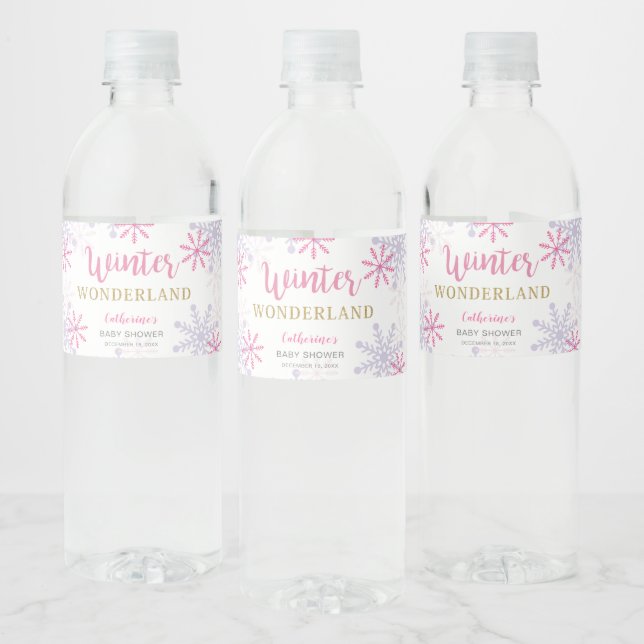Cute Pink Winter Wonderland Baby Shower Snowflakes Water Bottle Label (Bottles)