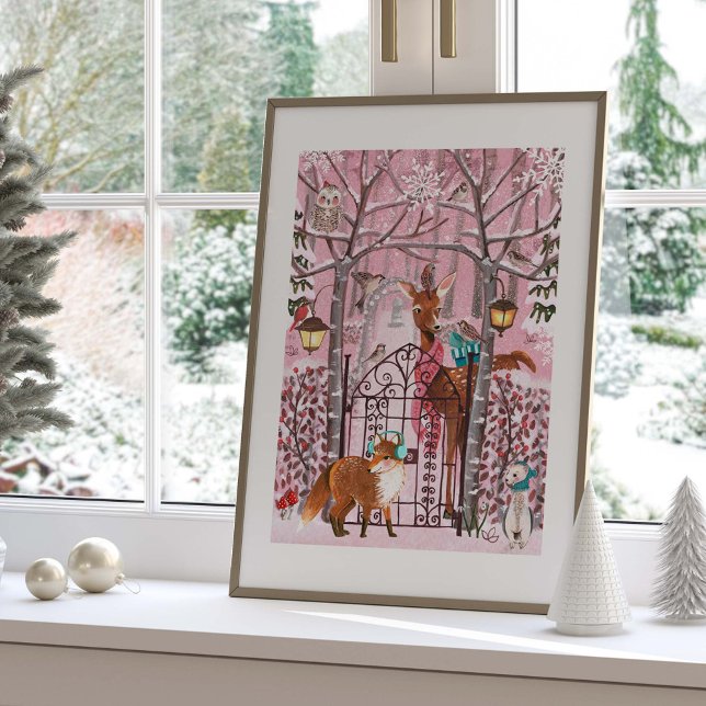 Cute Pink Winter Woodland Animals Holiday Poster (Cute Pink Winter Woodland Animals Holiday Poster)