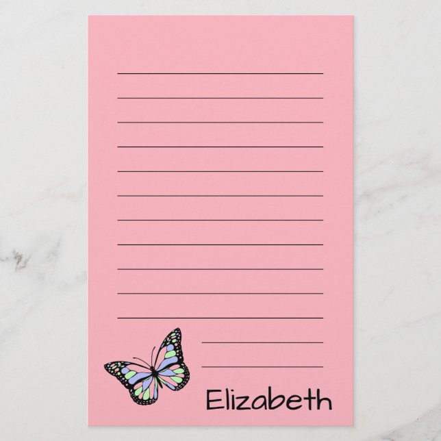 Cute Pink with Black Text and Butterfly Stationery (Front)