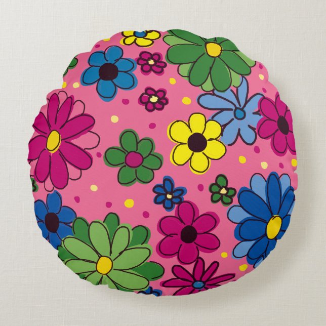 Cute Pink with Colourful Flowers Pillow (Front)