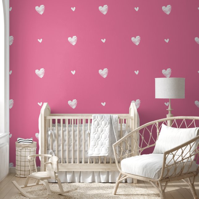 Cute Pink with White Hand Drawn Hearts Pattern Wallpaper (Kids)