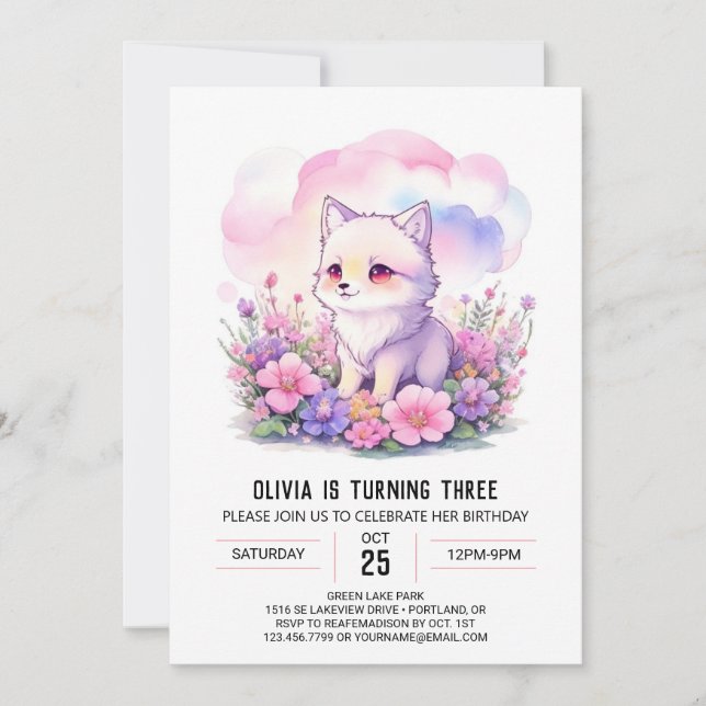 Cute Pink Wolf Cub Birthday Invitation (Front)