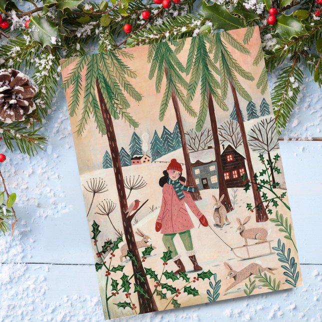 Cute pink woman & rabbit snow village holiday postcard (Cute pink woman & rabbit snow village holiday postcard)