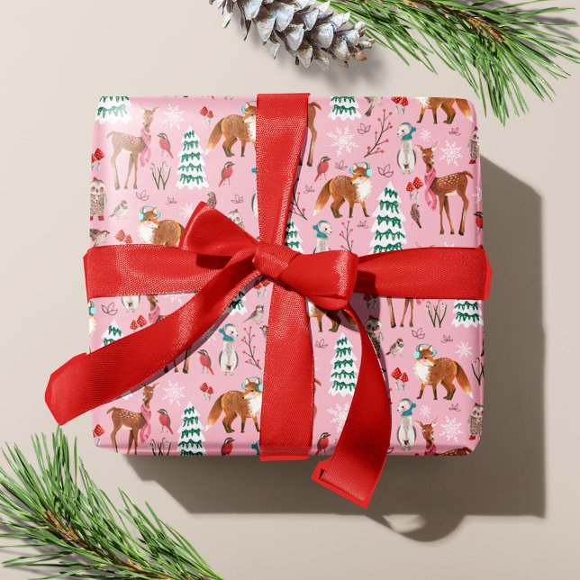 Cute Pink Woodland Animals Christmas Holiday Wrapping Paper (Cute Pink Woodland Animals Christmas Holiday Wrapping Paper)