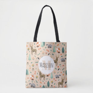 Cute Pink Woodland Animals Monogram Kids Tote Bag