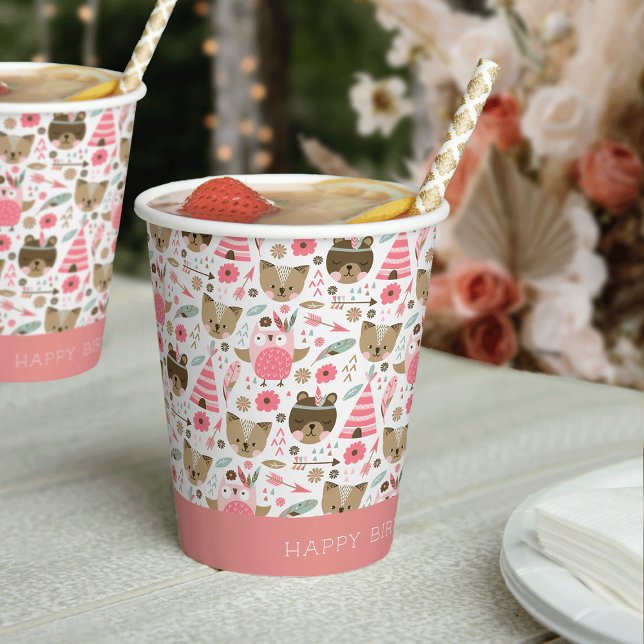 Cute Pink Woodland Animals Personalised Birthday Paper Cups (Creator Uploaded)